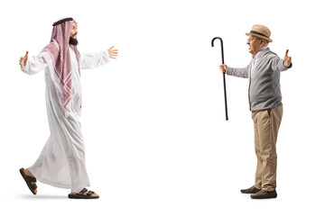 Saudi arab man in traditional clothes meeting a senior man