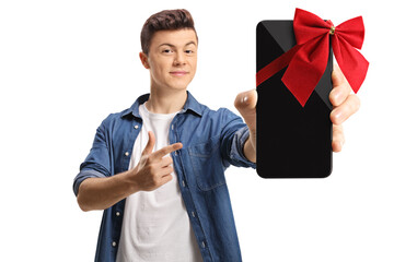 Guy holding a smartphone with a red bow and pointing