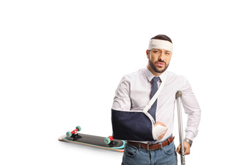Man with an arm sling and bandage on head leaning on a crutch, skateboard injury concept