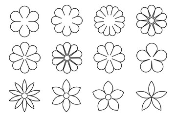 Outline flower icon set – Simple linear isolated flowers on white background – Simple petals for coloring