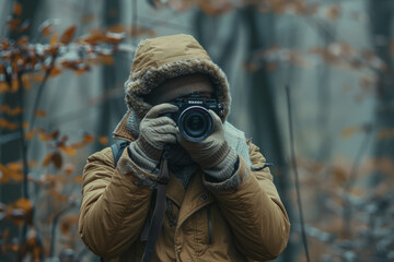 Fototapeta premium Photographer in winter attire taking a photo with a DSLR camera, autumn leaves in the background.