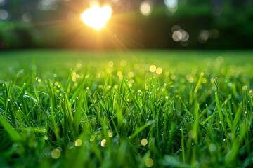 The rising sun casts a golden glow on a lawn of fresh green grass, each blade glistening with morning dew. - obrazy, fototapety, plakaty