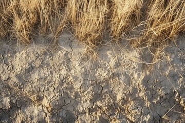 Dry, golden grasses clinging to the cracked soil of a parched desert landscape, symbolizing drought.