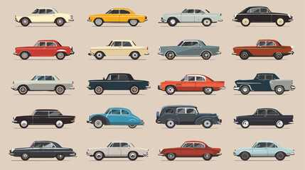Big set of of different models of cars. Vector flat style