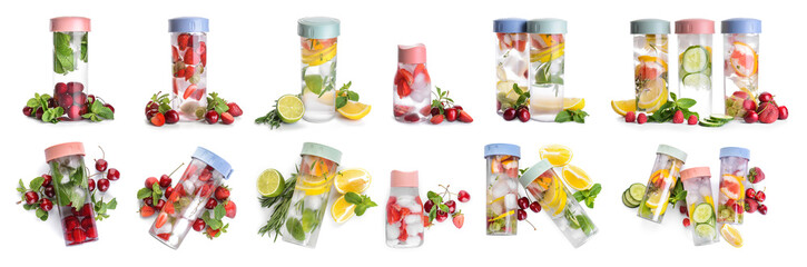 Set of bottles of cold infused water on white background