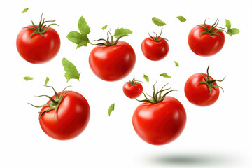 Fresh tomatoes floating with leaves on transparent background