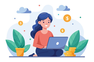 Obraz na płótnie Canvas A woman sitting on the floor, using a laptop for online investment, woman is investing using money online using a laptop, Simple and minimalist flat Vector Illustration
