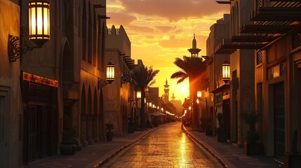 Fototapeta premium dubai arabic street in the downtown at sunset in the desert