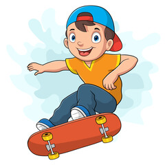 Cartoon happy little boy skateboarding