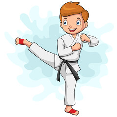 Cartoon little boy training karate