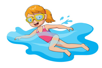 Cartoon little girl swimmer in the swimming pool