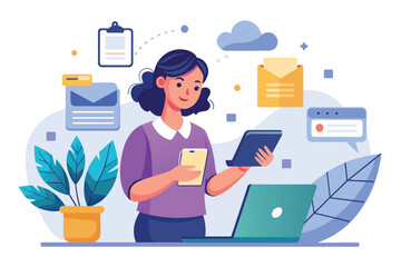 Fototapeta premium A woman is transferring files from a laptop to a tablet in a modern workspace, woman moving files from laptop to smartphone trending, Simple and minimalist flat Vector Illustration