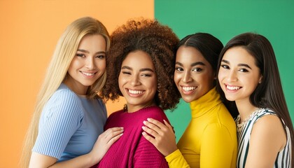 Group of beautiful girls with different skin and hair colors isolated on bright colors. Concepts of friendship, diversity, beauty. Body positive.