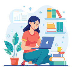 A woman sitting on the floor, focused on using a laptop for online exam preparation, woman preparing for online exam by reading book, Simple and minimalist flat Vector Illustration