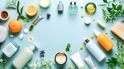 Beauty Products Arranged on Blue Background - Stylish and Modern