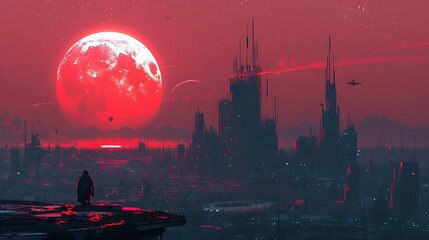 A man stands on a ledge looking out over a city with a large red moon in the sky