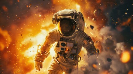 Astronaut floating in space in front of exploding sun. 3D rendering