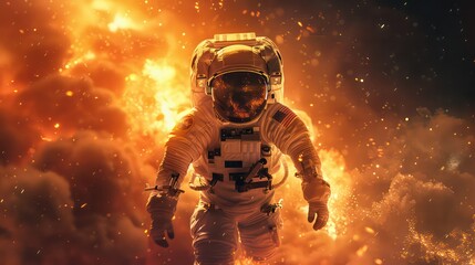 Fototapeta premium Astronaut floating in space in front of exploding sun. 3D rendering