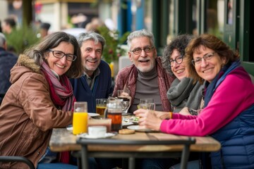 Group of senior people sitting in a cafe, drinking beer and talking.