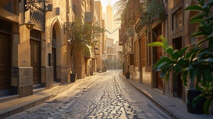 dubai arabic street in the downtown at sunset in the desert
