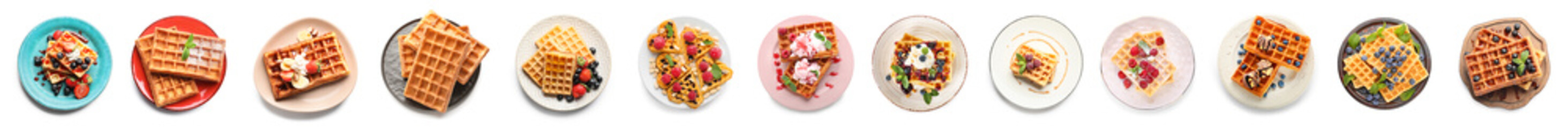 Collage of plates with tasty Belgian waffles on white background, top view