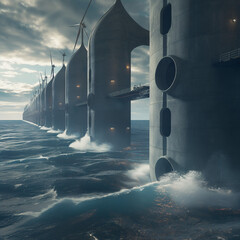 Photorealistic depiction of a futuristic tidal energy station