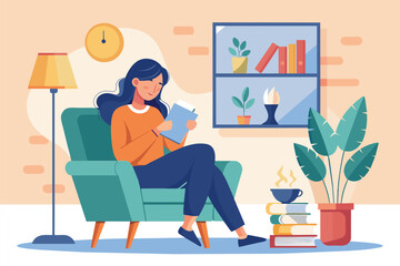 Woman Reading Book in Chair, Woman relaxing at home, girl drinking hot coffee, reading book in armchair flat vector Illustration Simple and minimalist flat Vector Illustration
