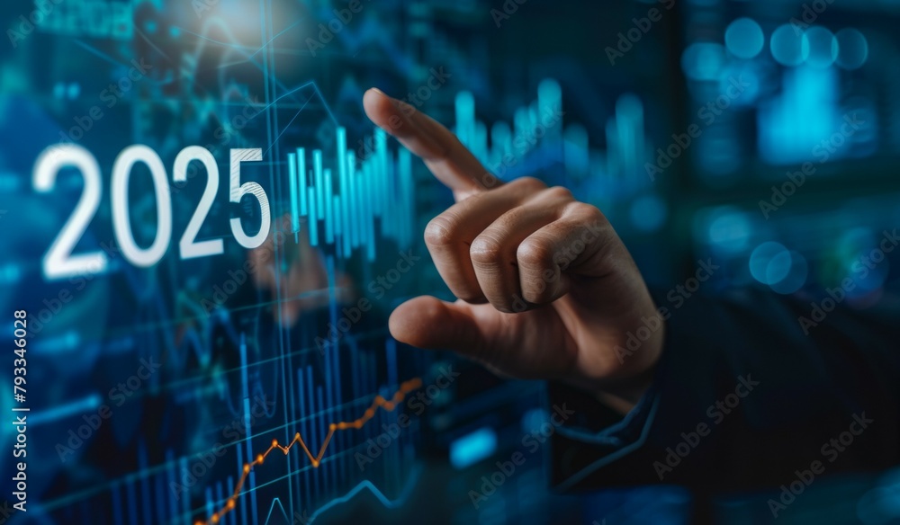 Poster a person is pointing at a graph that shows a line going up and the year 2025