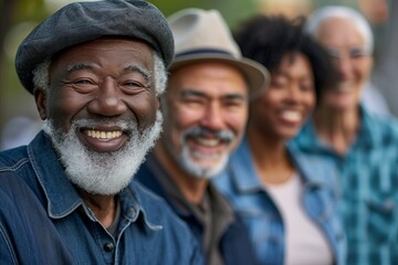 Group of diverse senior friends smiling and looking at camera in a park