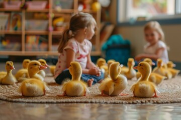 Fototapeta premium Ducklings in kindergarten. Backdrop with selective focus and copy space