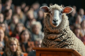 Sheep speaker, public speaking among people. Metaphorical concept. Backdrop with selective focus and copy space