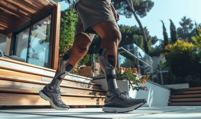 A man in shorts and a white shoe is walking on sidewalk. The man is wearing prosthetic leg. Disabled athlete concept