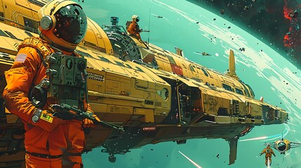 A man in a yellow spacesuit stands on a yellow ship in space