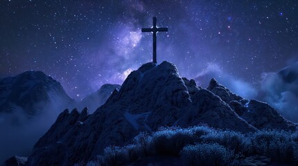 Cross on the mountain at night - obrazy, fototapety, plakaty