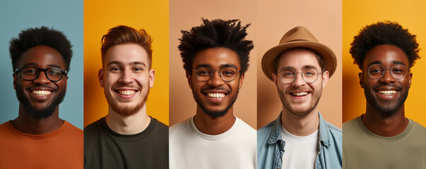 Collage of portraits and faces of multiracial millennial group of various smiling young men