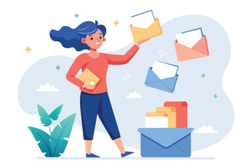 A woman holding an envelope and a letter in her hands, Woman sending letters and files, Simple and minimalist flat Vector Illustration - obrazy, fototapety, plakaty