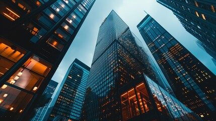 Modern financial district, skyscrapers towering, bustling stock exchange, digital transactions, global economy