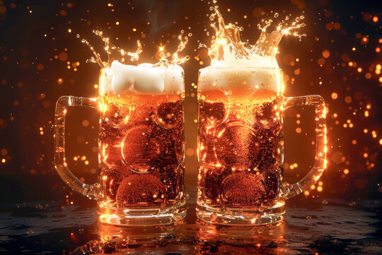 A well-chilled beer mug. The delicious beer you pour overflows, creating bubbles and splashes.