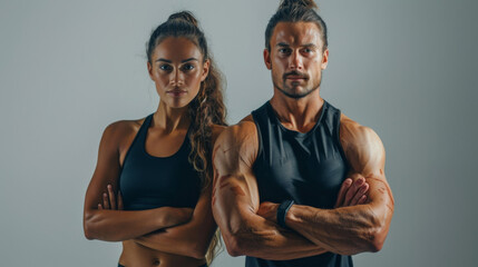 A male and female athlete stand confidently with arms crossed against a grey background.