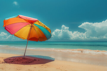 Fototapeta na wymiar colorful beach umbrella on sandy shore with turquoise sea and sky in the background