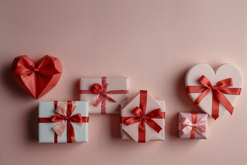 Various gifts in different formats in pink, white and red. Light pink background. AI generated. - obrazy, fototapety, plakaty