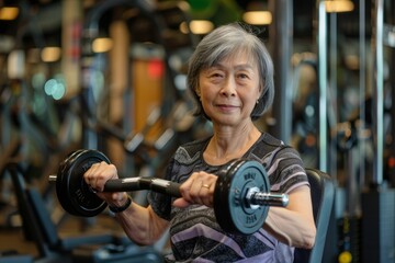 Obraz premium Elder asian woman happily lifting dumbbells, staying fit at a fully equipped gym