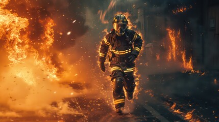 Firefighter runs to the fire - obrazy, fototapety, plakaty