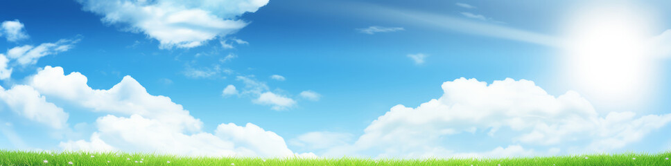 Beautiful spring summer natural landscape. Green meadow grass and flowers on blue sky background with clouds and sun on warm sunny day. Colorful bright nature panoramic banner.	