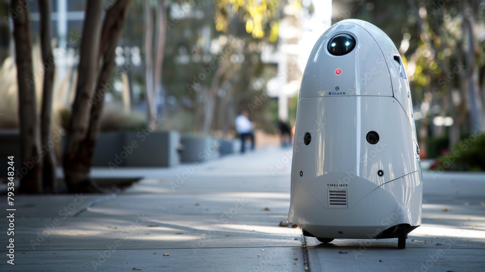 Poster white robot sitting on sidewalk