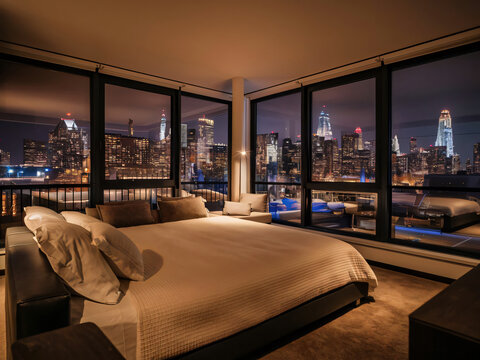 Dormitorio moderno con vista a la ciudad de noche, ventanas amplias