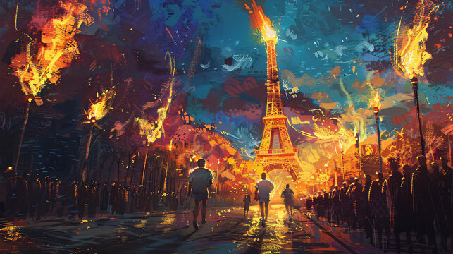 Paris olympics games France 2024 ceremony running sports Eiffel tower summer artwork painting