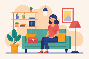 A woman is seated on a sofa in a living room, Woman sitting on sofa with shop background, Simple and minimalist flat Vector Illustration