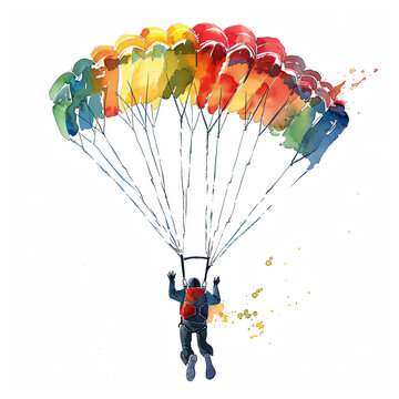 Minimalistic watercolor illustration of parasailing on a white background, cute and comical.