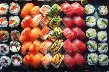 assorted sushi platter with a variety of rolls and sashimi for japanese cuisine connoisseurs